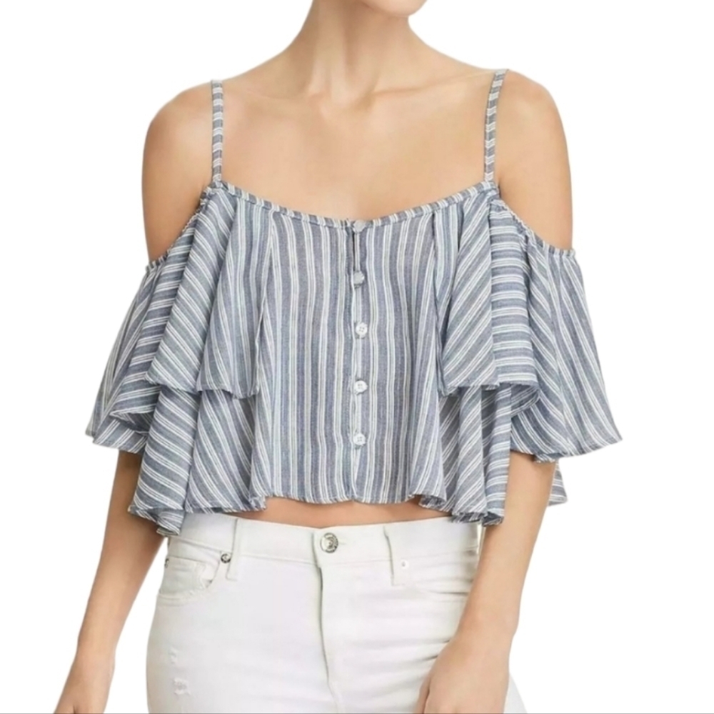 VINTAGE HAVANA striped cold shoulder cropped top with ruffle
